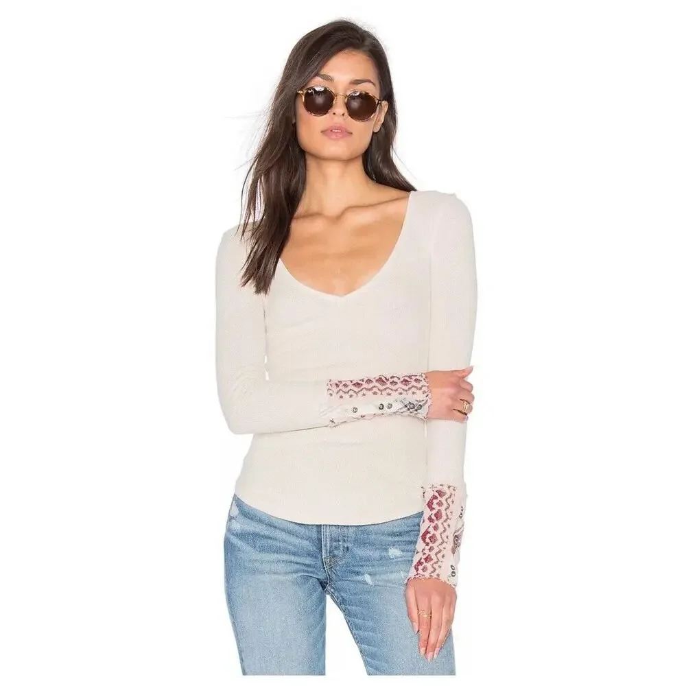 Free People We the Free Art School‎ Cuff Long Sleeve Thermal Taupe Cream Small
